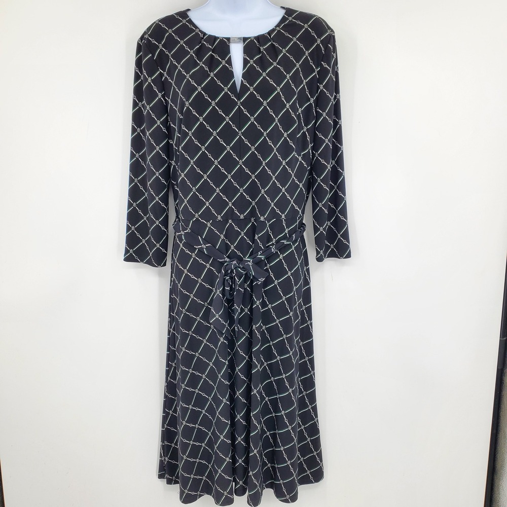 Lauren Ralph Lauren Black Equestrian Chain Bit Belted Midi Dress‎ 12 3/4 Sleeve